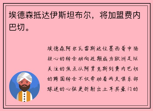 埃德森抵达伊斯坦布尔，将加盟费内巴切。